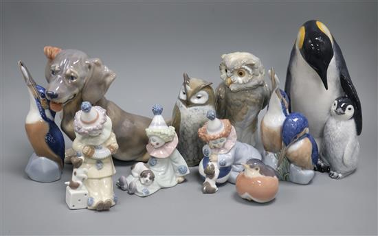 Six Royal Copenhagen animals, three Lladro figures and a Nao owl